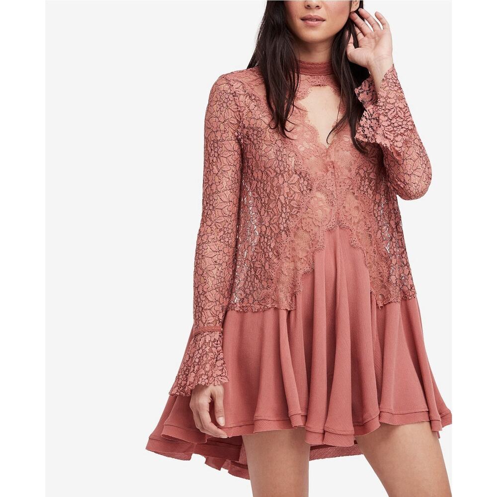 Free People Tell Tale Cutout Lace Tunic Dusty Mauve Taupe Womens Size Medium
